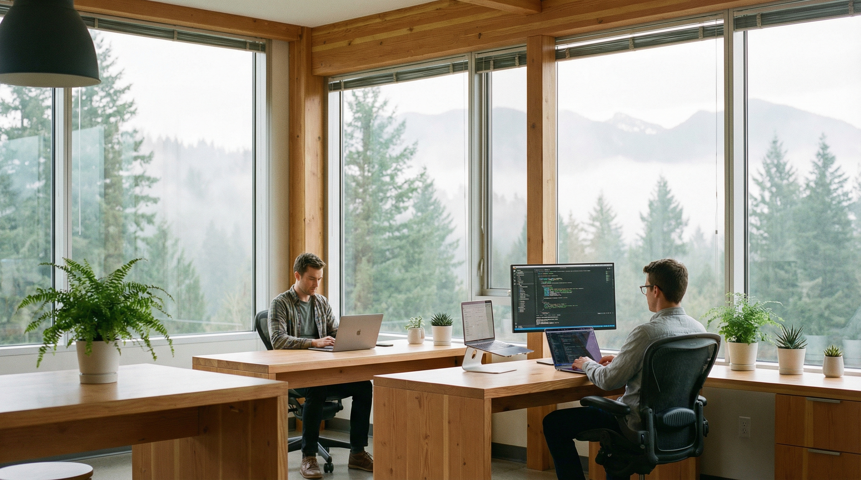 Cascadia Solutions modern office workspace with natural elements and mountain views