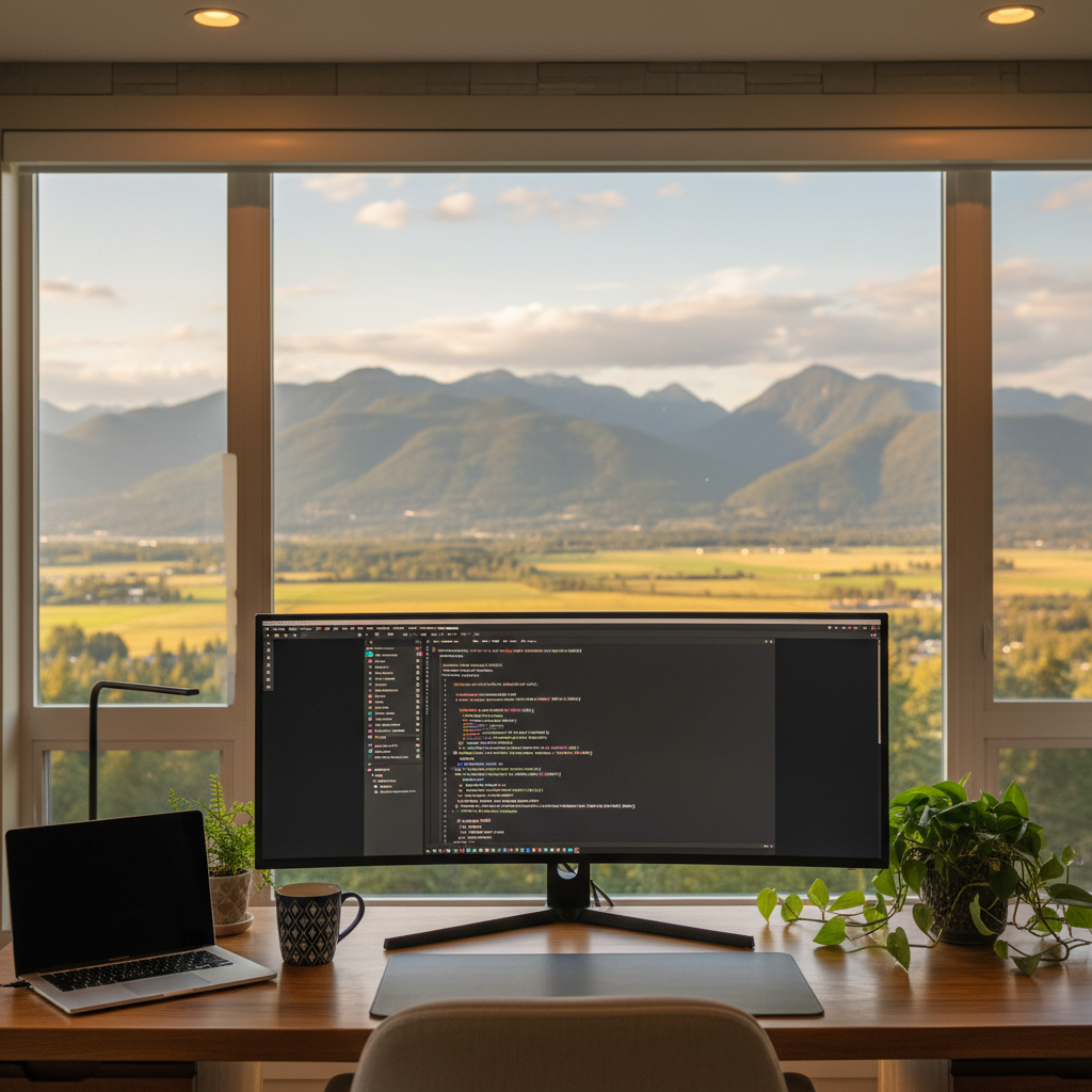 Cascadia Solutions workspace overlooking the Fraser Valley mountains